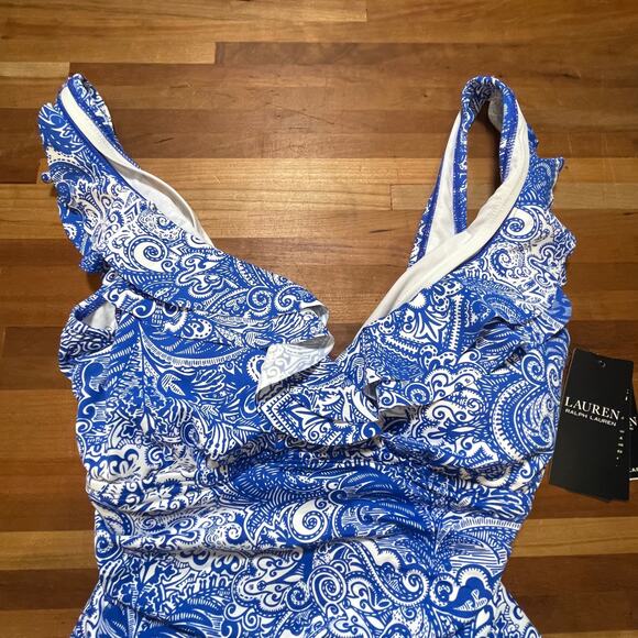 Ralph Lauren ARTISANAL WOODBLOCK Ruffled Tummy-Control Swimsuit US 6 - Picture 3 of 10